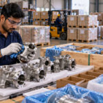 Workers cleaning and packing investment cast components for export
