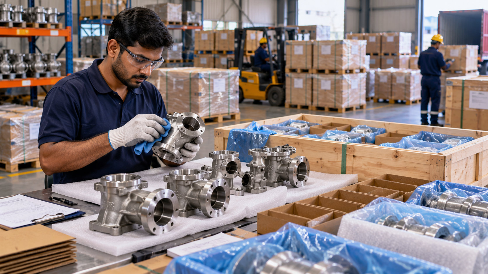 Workers cleaning and packing investment cast components for export